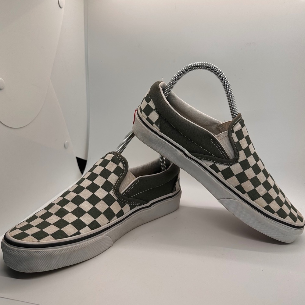 Vans Classic Slip On‎ Checkerboard Olive Green White Sneakers Shoes M 6/ W 7.5